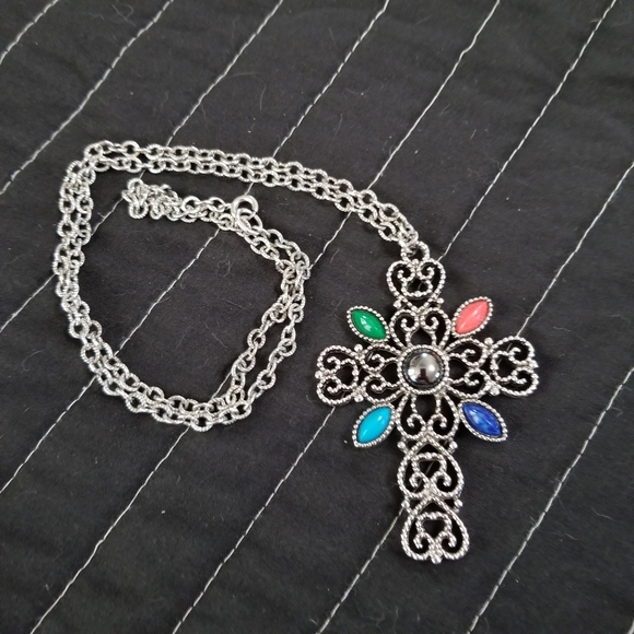 Avon Jewelry - Vintage 1972 Avon Large Romanesque Cabochon Cross  Silver Tone Chain Necklace